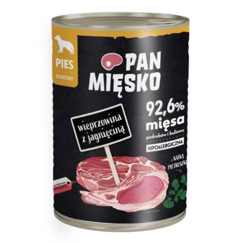Miniaturka artykułu - Pan Mięsko Karma mokra dla psa Wieprzowina z jagnięciną (dorosły), 400 g