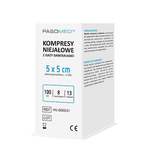 Miniaturka artykułu - PASOMED Kompresy niejałowe 13-nitkowe 8-warstwowe 5cm x 5cm, 100 sztuk