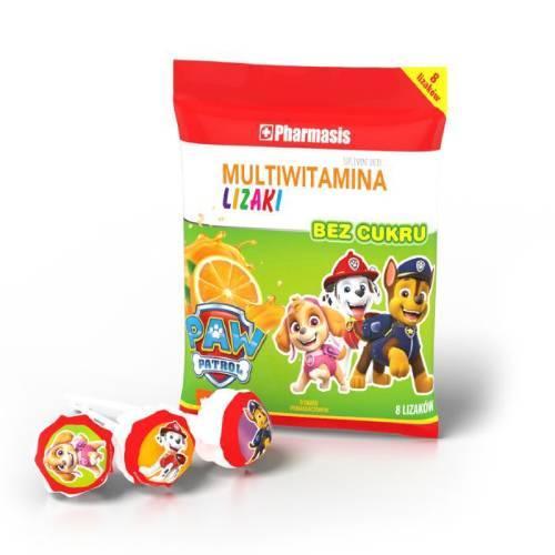 Miniaturka artykułu - Pharmasis Lizaki Multiwitamina bez cukru Psi Patrol o smaku pomarańczowym, 8 szt USZKODZONE BRAK 1 LIZAKA 
