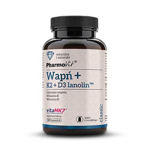 Miniaturka artykułu - PHARMOVIT Wapń + K2 + D3 lanolin, 120kaps.