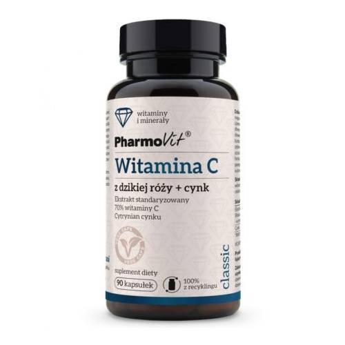 Miniaturka artykułu - PHARMOVIT Witamina C z dzikiej róży + Cynk, 90 kaps.