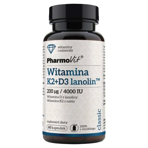 Miniaturka artykułu - PHARMOVIT Witamina K2 + D3 lanolin, 60kaps