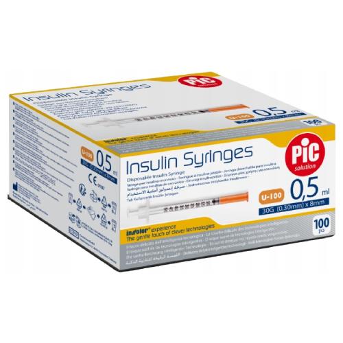 Miniaturka artykułu - PIC Insulin Syringes Jednorazowa strzykawka insulinowa 0,5 ml G30 0,30 mm x 8 mm, 100 szt.
