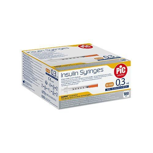 Miniaturka artykułu - PIC solution Insulin Syringes 30G (0,30mm) x 8mm Jednorazowa strzykawka insulinowa 0,3ml, 100 szt. USZKODZONE TEKTUROWE OPAKOWANIE