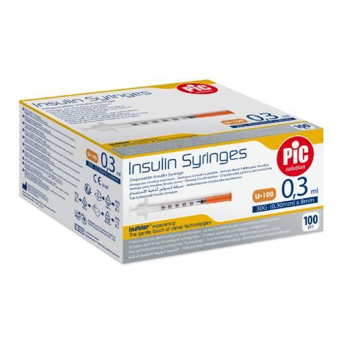 Miniaturka artykułu - PIC solution Insulin Syringes 31G (0,25mm) x 8mm jednorazowa strzykawka insulinowa, 100 szt.