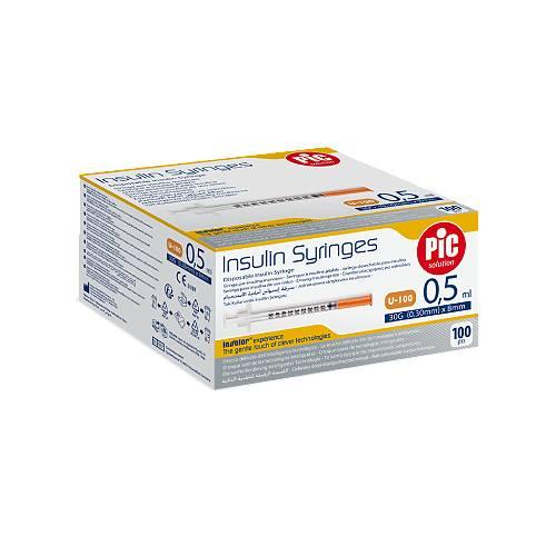 Miniaturka artykułu - PIC solution Insulin Syringes 31G (0,25mm) x 8mm Jednorazowa strzykawka insulinowa 0,5ml, 100 szt.