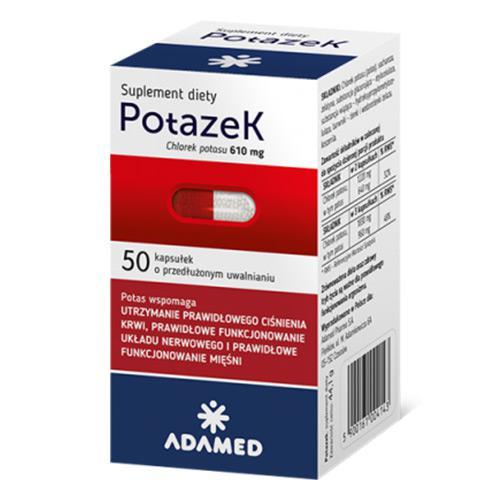 Miniaturka artykułu - POTAZEK+ chlorek potasu  - 50 kapsułek KR&Oacute;TKA DATA 30.06.2026