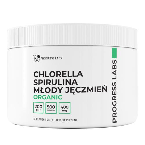 Miniaturka artykułu - Progress Labs Chlorella Spirulina Młody jęczmień Organic 400 mg, 500 tabl.
