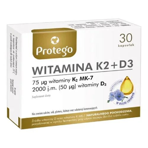 Miniaturka artykułu - Protego Witamina K2+D3 - 30 kapsułek KR&Oacute;TKA DATA  31.12.2026