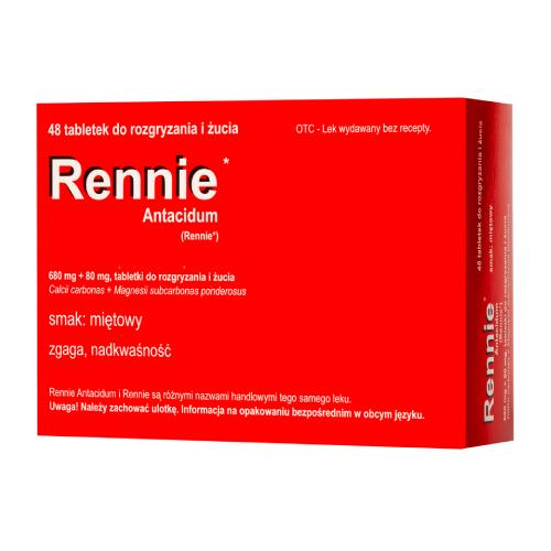 Miniaturka artykułu - Rennie Antacidum 680 mg + 80 mg, 48 tabletek do rozgryzania (Delfarma)