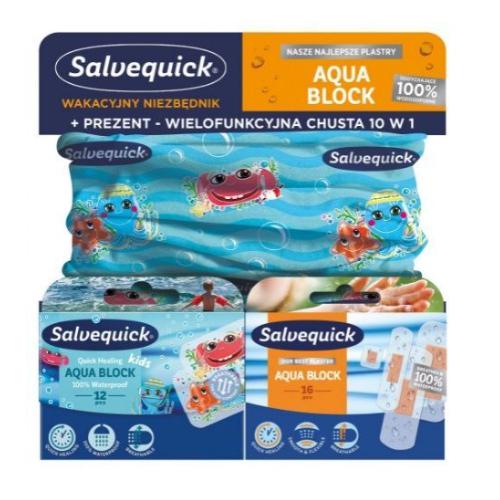 Miniaturka artykułu - Salvequick Zestaw plastry Aqua Block 16 szt. + Aqua Block 12szt. + chusta