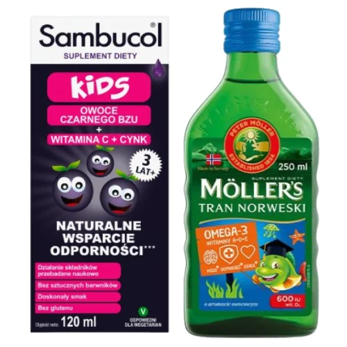 Miniaturka artykułu - Sambucol Kids, 120ml + Mollers Tran Norweski owocowy płyn, 250ml
