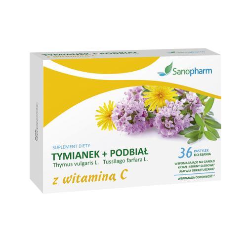 Miniaturka artykułu - Sanopharm TYMIANEK + PODBIAŁ z witaminą C, 36 pastylek do ssania KR&Oacute;TKA DATA 30.06.2026