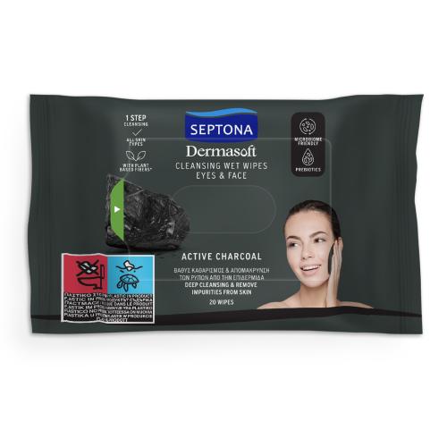 Miniaturka artykułu - SEPTONA Dermasoft Oczyszczające chusteczki nawilżane z aktywnym węglem do twarzy i oczu, 20szt.
