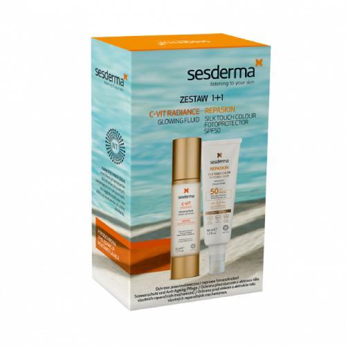 Miniaturka artykułu - SESDERMA Zestaw REPASKIN SILK Touch liposomowy fotoprotektor słoneczny SPF50, 50ml + C-VIT Radiance krem, 50ml KR&Oacute;TKA DATA 09.10.2026