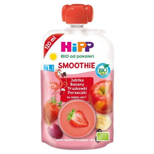 Miniaturka artykułu - HiPP BIO Smoothie Mus z owoc&oacute;w i sok&oacute;w jabłka banany truskawki porzeczki po 1. roku, 120 ml