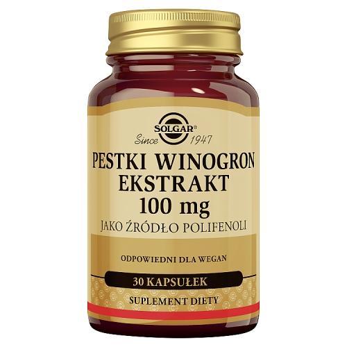 Miniaturka artykułu - SOLGAR Pestki z Winogron ekstrakt 100 mg - 30 kapsułek  KROTKA DATA 31.08.2026