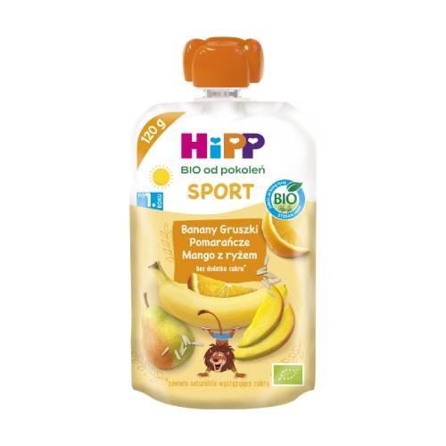 Miniaturka artykułu - HiPP BIO Sport Mus owocowy banany gruszki pomarańcze mango z ryżem po 1. roku, 120 g
