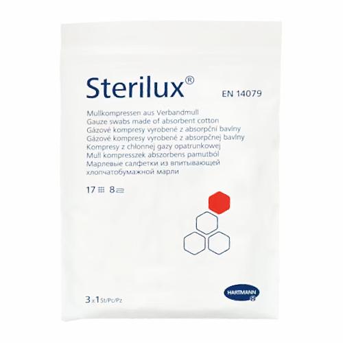 Zdjęcie produktu - STERILUX Kompresy gazowe jałowe 17-nitkowe 8-warstwowe 10cm x 10cm, 3szt.