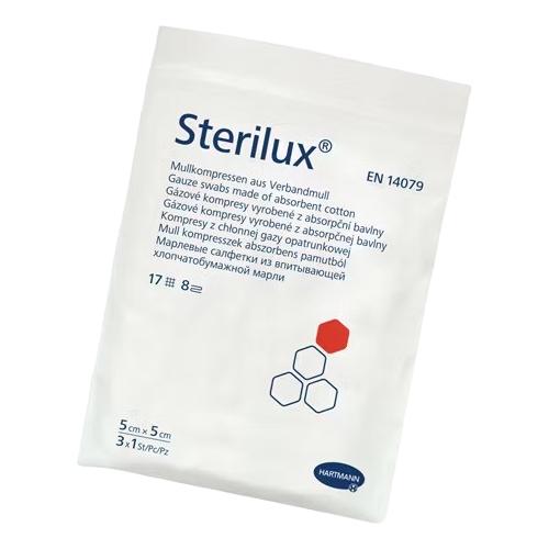 Miniaturka artykułu - STERILUX Kompresy gazowe jałowe 17-nitkowe 8-warstwowe 5cm x 5cm, 3 szt.