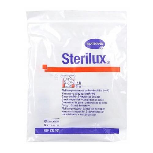 Miniaturka artykułu - STERILUX Kompresy gazowe jałowe 7,5x7,5cm - 3 sztuki