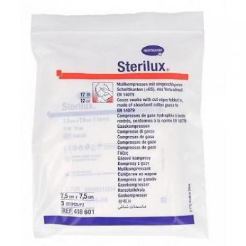 Miniaturka artykułu - STERILUX Kompresy gazowe jałowe 7,5x7,5cm- 3szt  USZKODZONE OPAKOWANIE