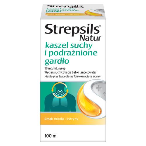 Miniaturka artykułu - Strepsils Natur Kaszel suchy i podrażnione gardło Syrop, 100 ml - lek na kaszel suchy