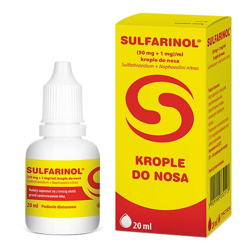 Miniaturka artykułu - Sulfarinol Krople do nosa, 20 ml - lek stosowany w leczeniu kataru, uczucia zatkania nosa i obrzęku błony śluzowej nosa