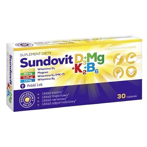 Miniaturka artykułu - Sundovit D3+Mg+K2+B6, 30 tabl.