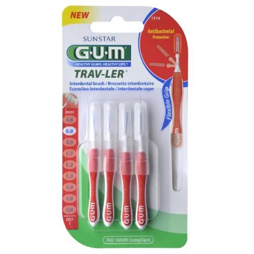 Miniaturka artykułu - Sunstar Gum Trav-Ler Szczoteczka do przestrzeni międzyzębowych 0,8mm czerwone, 4 szt.