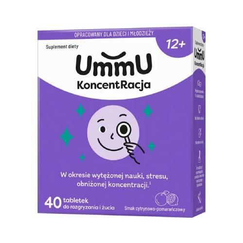 Miniaturka artykułu - UmmU KoncentRacja 12+ tabletki do rozgryzania i żucia o smaku cytrynowo pomarańczowym, 40 szt.