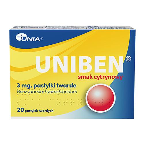 Miniaturka artykułu - Uniben 3 mg smak cytrynowy, 20 pastylek do ssania - lek na b&oacute;l gardła