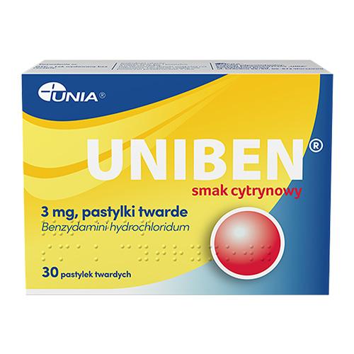 Zdjęcie produktu - Uniben 3 mg smak cytrynowy, 30 pastylek do ssania - lek na b&oacute;l gardła