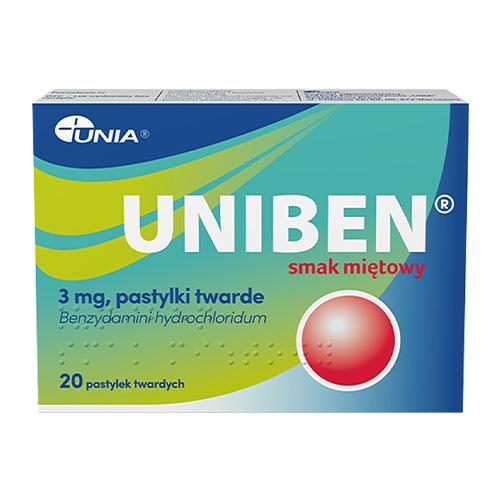 Zdjęcie produktu - Uniben 3 mg smak miętowy, 20 pastylek do ssania - lek na b&oacute;l gardła