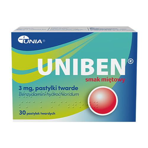Miniaturka artykułu - Uniben 3 mg smak miętowy, 30 pastylek do ssania - lek na b&oacute;l gardła