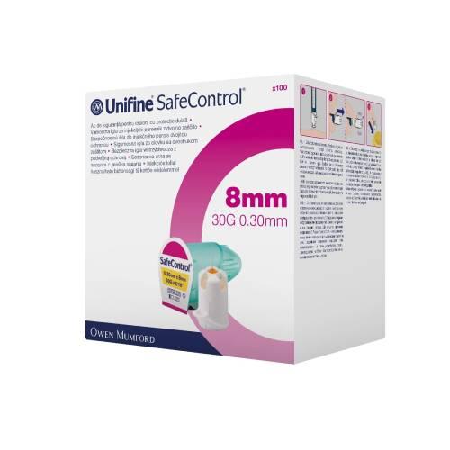 Unifine SafeControl 8 mm 30G 0.30 mm Bezpieczna igła do wstrzykiwacza z podw&oacute;jną ochroną, 100 szt.