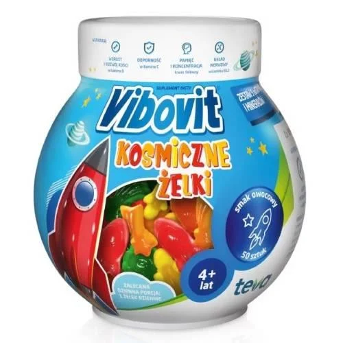 Miniaturka artykułu - Vibovit Kosmiczne Żelki smak owocowy, 50 szt. KR&Oacute;TKA DATA 20.12.2026