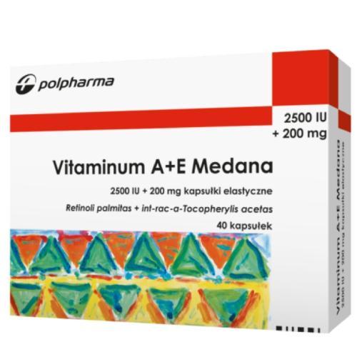 Miniaturka artykułu -  Vitaminum A+E Medana (2500 j.m. + 200 mg) x 40 kaps. elast. USZKODZONE TEKTUROWE OPAKOWANIE 