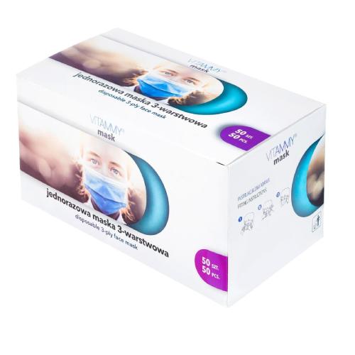 Miniaturka artykułu - VITAMMY Maski medyczne jednorazowe 3-WARSTWOWE, 50szt.