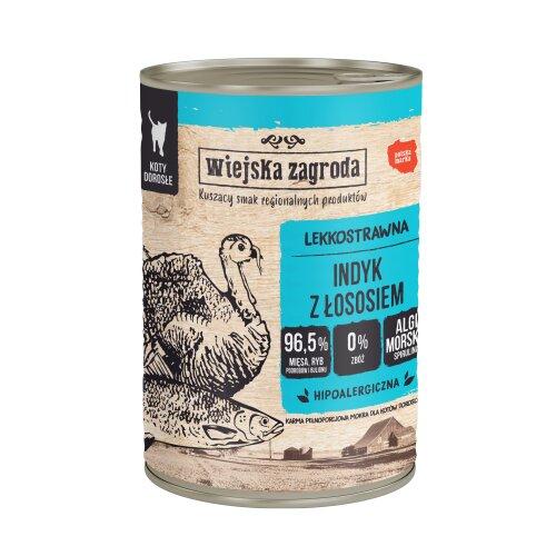 Miniaturka artykułu - Wiejska Zagroda Karma mokra dla kota Indyk z łososiem (dorosły), 400 g