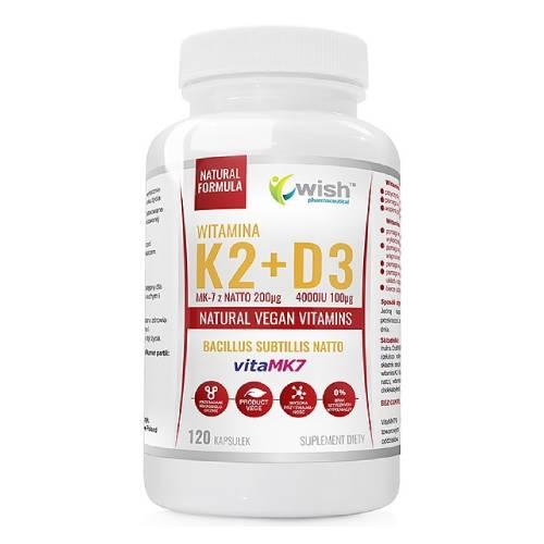 Miniaturka artykułu - WISH Pharmaceutical Witamina K2 200 &micro;g+ D3 100&micro;g, 120 kaps.