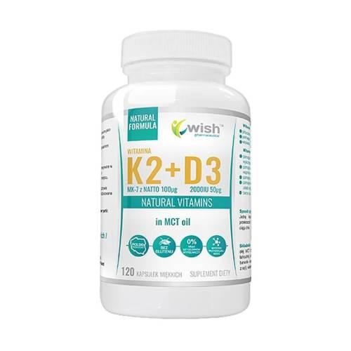 Miniaturka artykułu - Wish Pharmaceutical Witamina K2 MK-7 100mcg + D3 2000IU 50mcg w oleju MCT, 120 kaps.