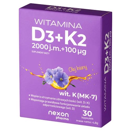 Miniaturka artykułu - Witamina D₃ + K₂ 2000 j.m. + 100 μg, 30kaps. USZKODZONE TEKTUROWE OPAKOWANIE