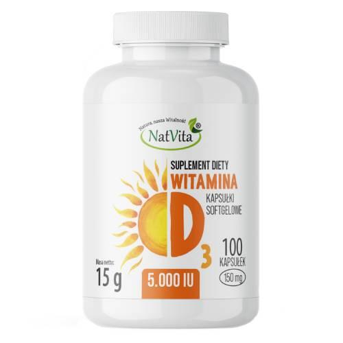 Miniaturka artykułu - NatVita Witamina D3 5000 IU, 100 kaps.