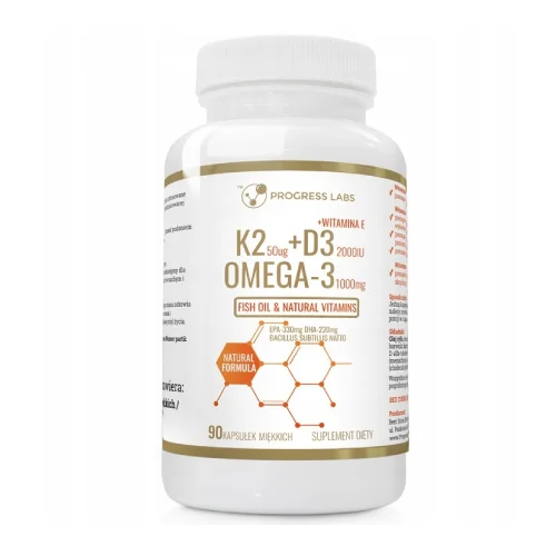 Miniaturka artykułu - Progress Labs Omega-3 1000 mg + K2 50 mcg + D3 50 mcg 2000 IU, 90 kaps.