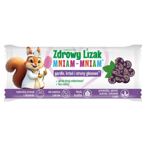 Miniaturka artykułu - Zdrowy Lizak MNIAM-MNIAM Gardło, krtań i struny głosowe o smaku czarnej porzeczki, 1szt.