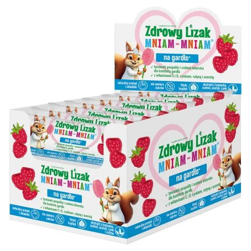 Miniaturka artykułu - Zdrowy Lizak Mniam-Mniam na gardło malina kształt łezki, 40 szt.