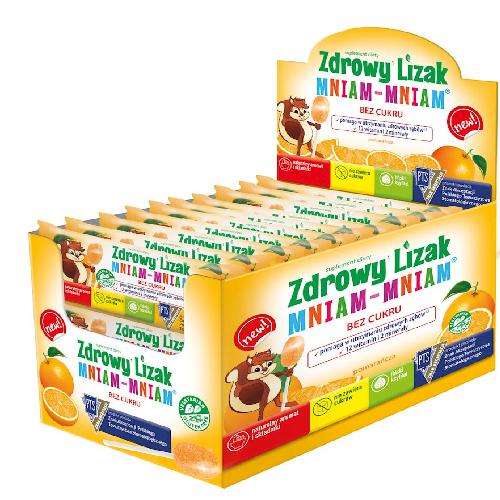 Miniaturka artykułu - Zdrowy Lizak MNIAM-MNIAM pomarańcza kształt łezki, 40szt