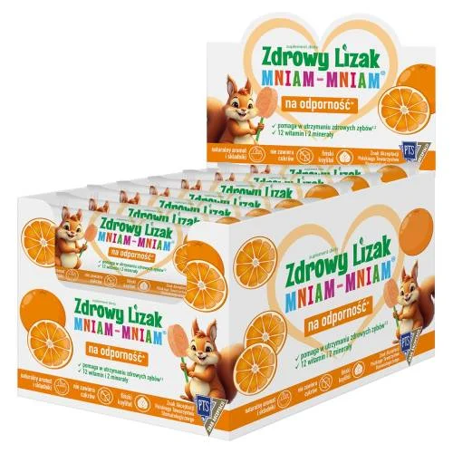 Miniaturka artykułu - Zdrowy Lizak MNIAM-MNIAM pomarańcza kształt łezki, 40szt
