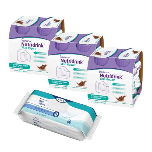 Miniaturka artykułu - Zestaw 3x Nutridrink Skin Repair czekolada, 4x200ml + Chusteczki Tena ProSkin Wet wipes, 48szt.
